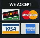 Credit Cards accepted, Visa, Master Card, Discover,a nd American Express